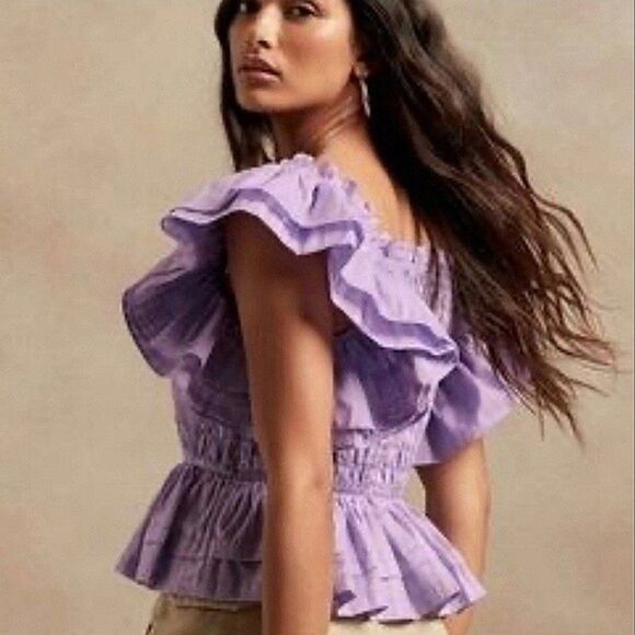 Banana Republic Smocked Off The Shoulder Ruffle Top Purple XL NWOT 2 0173 - Picture 7 of 7
